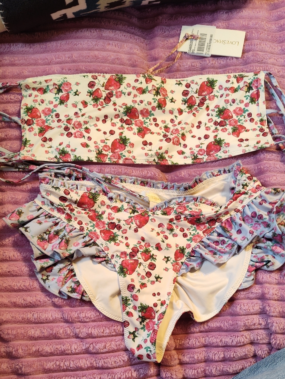 LoveShackFancy Bandeau Bikini Set In Berry Sundae